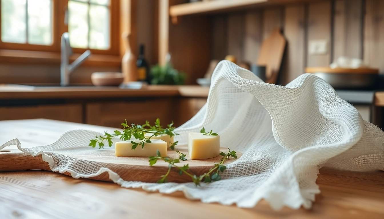Kaasdoek op een houten snijplank met verse kaas en kruiden in een gezellige keuken.