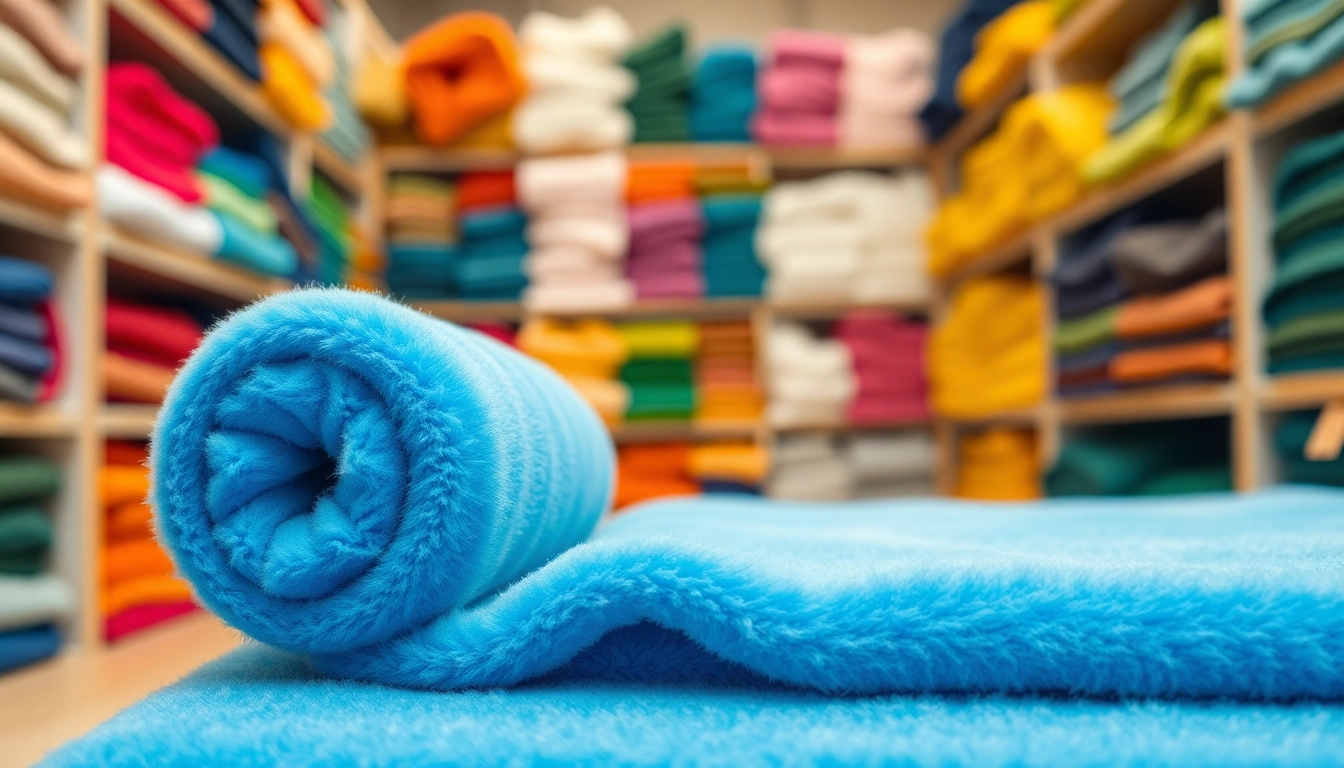 Fleece stoffen in diverse kleuren en texturen presenteren in een stoffenwinkel.
