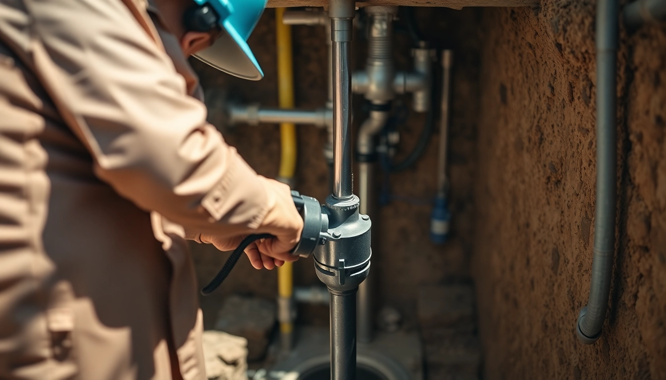 Professional plumber conducting well pump replacement with tools in a bright residential well.