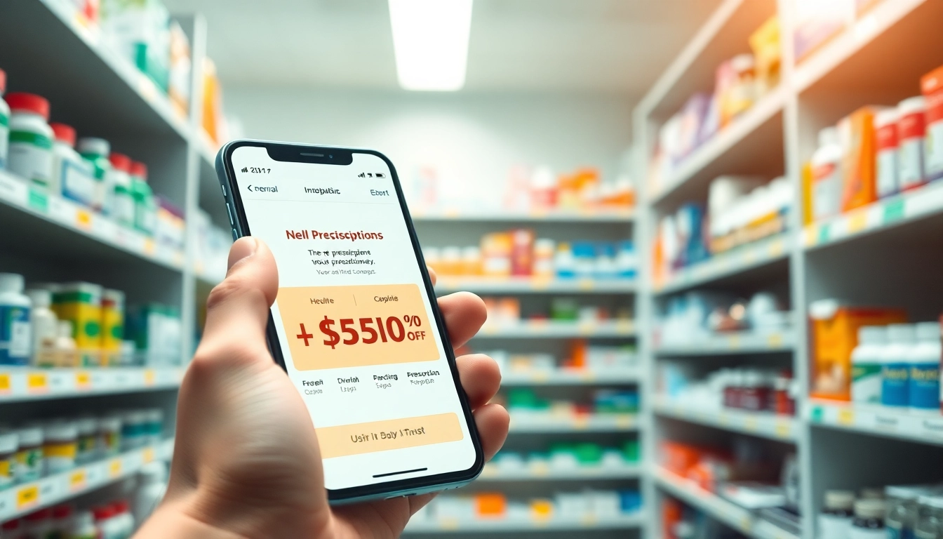 Engaging visual of time saving prescription apps displayed on a smartphone in a vibrant pharmacy environment.