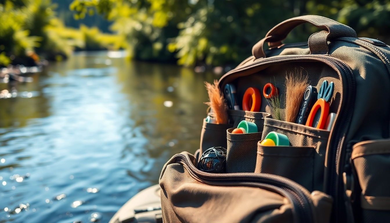 Fly fishing bag with compartments filled with gear set against a tranquil river backdrop.